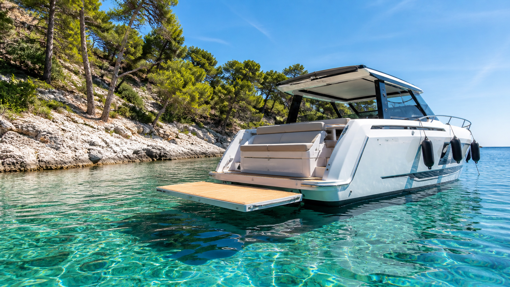 Open-deck sport motorni čoln s teak palubo in bathing platform v skritem zalivu s tirkizno vodo, najem motornega čolna za dnevne izlete