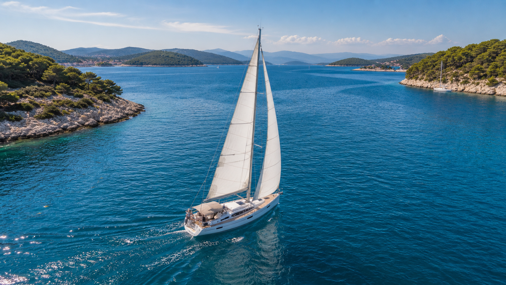Sodobna jadrnica pod jadri v hitrem jadranju ob hribovitih obalah, najem jadrnice za aktivne počitnice in yacht charter