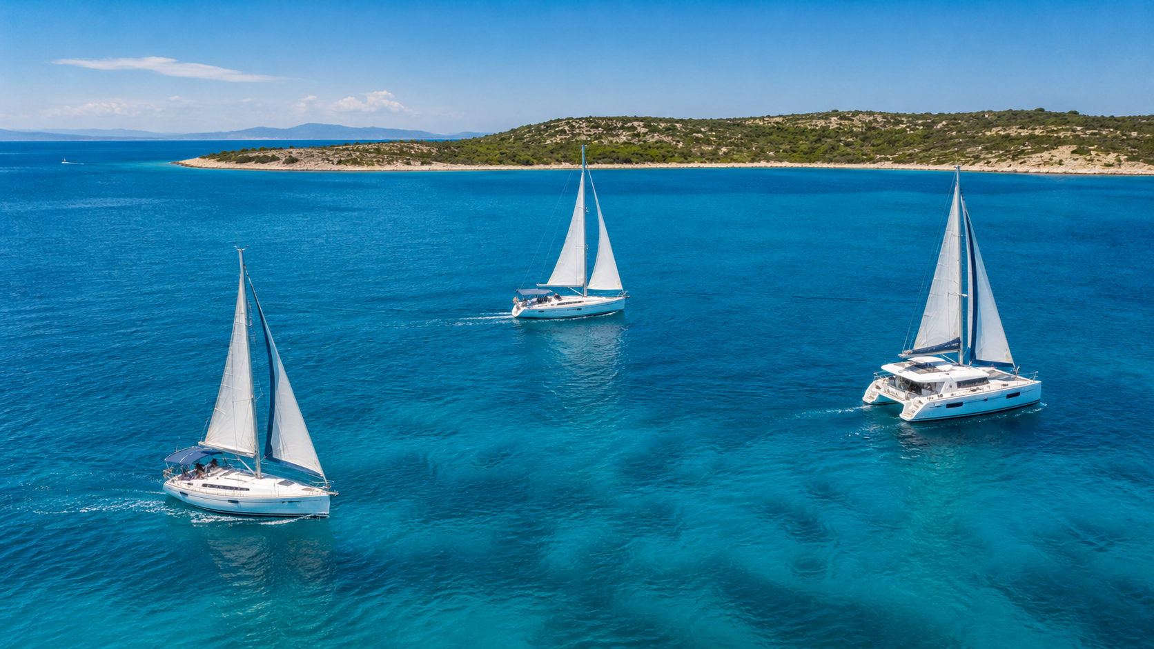 Jadrnice in katamaran med plovbo — bareboat yacht charter omogoča samostojno najem jadrnice z izpitom za voditelja čolna