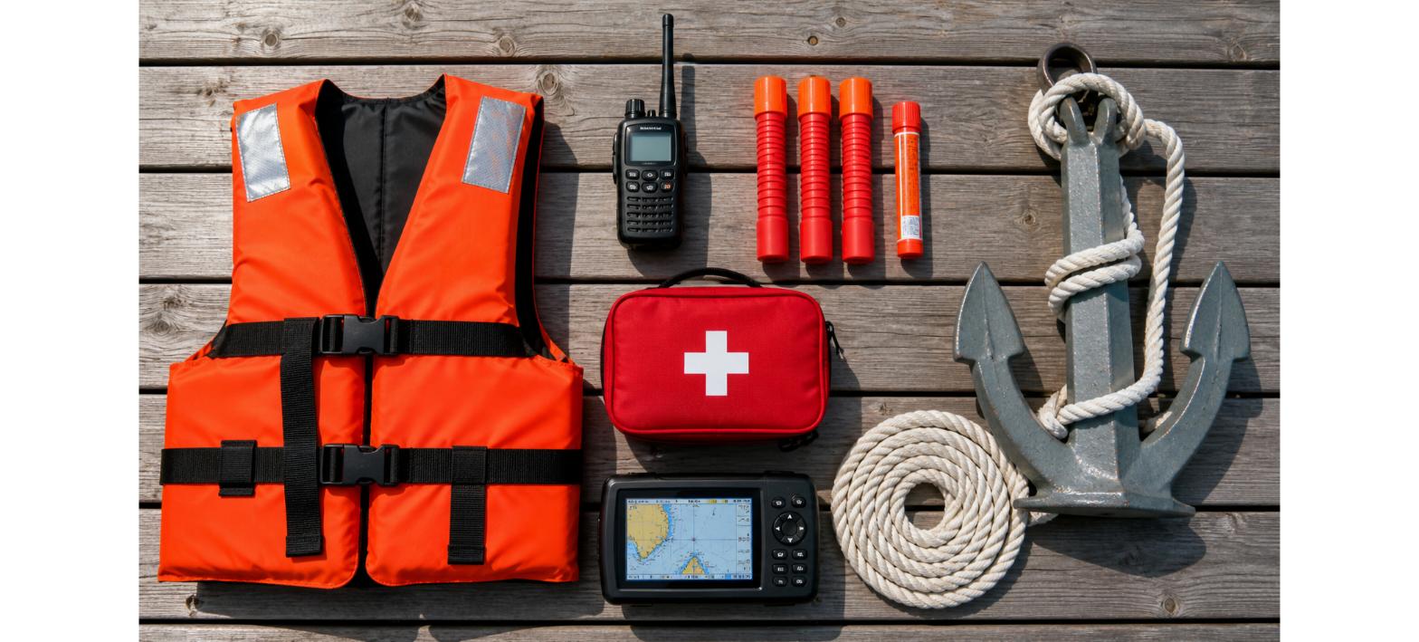 Obvezna varnostna oprema za plovbo – reševalni jopič, VHF postaja, pirotehnična sredstva, GPS plotter, sidro in komplet prve pomoči