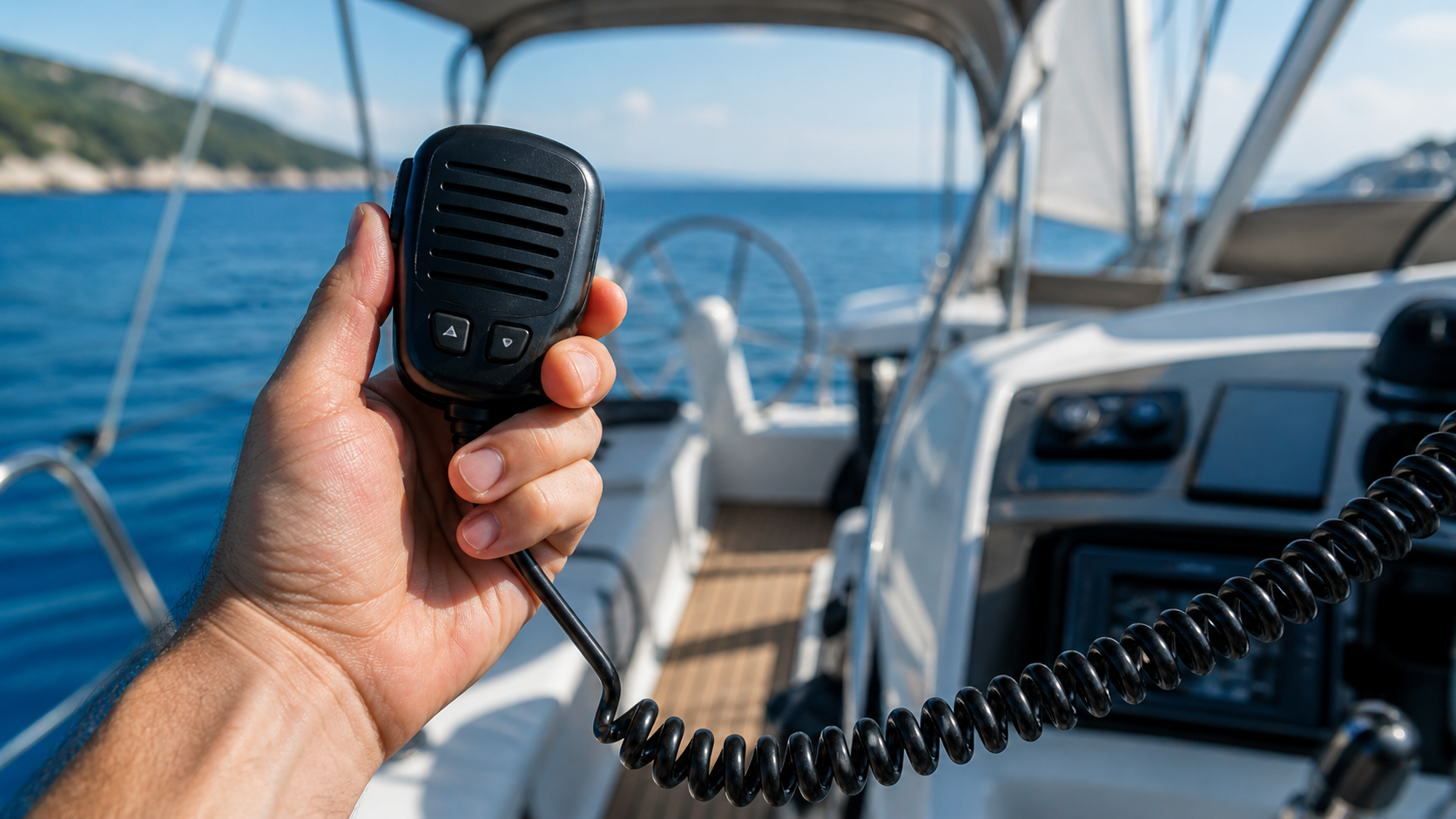 VHF GMDSS ročni mikrofon med plovbo — uporaba radijske postaje zahteva opravljen izpit za VHF GMDSS