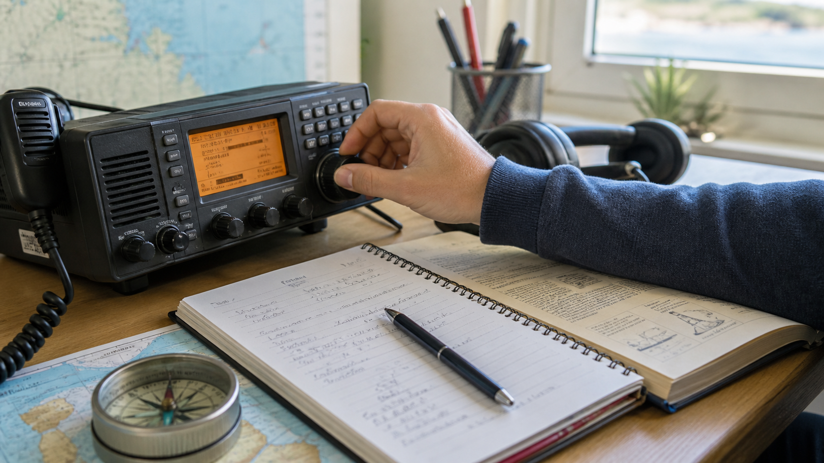 Bazna VHF GMDSS radio postaja in zapiski — priprava na izpitna vprašanja VHF GMDSS s kompasom in navtično karto