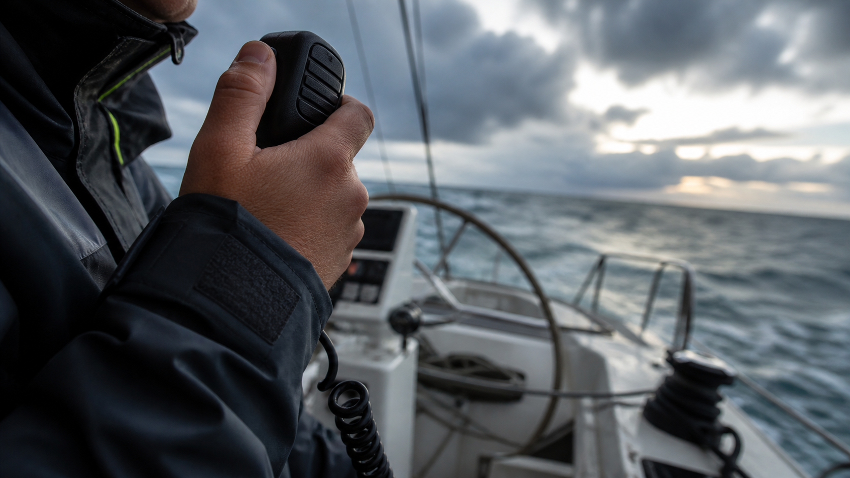 Klic v sili na jadrnici med slabim vremenom — izpit za VHF GMDSS pokriva postopke MAYDAY in PAN-PAN