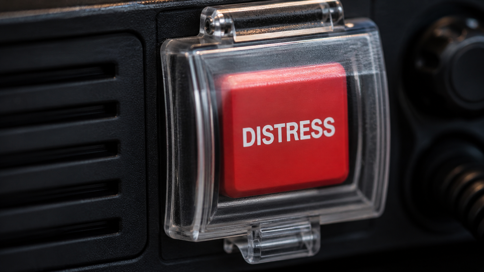 Rdeča DSC distress tipka na VHF GMDSS radiu — uporaba digitalnega selektivnega klicanja je del izpitnih vprašanj VHF GMDSS