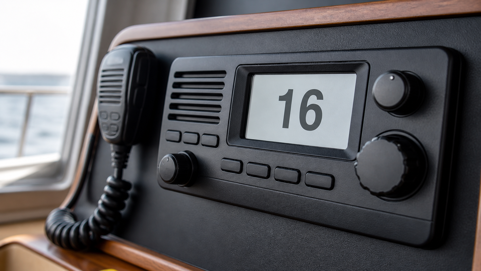 VHF radio nastavljen na kanal 16 — Channel 16 je distress frekvenca, ki je obvezno znanje za izpit za VHF GMDSS