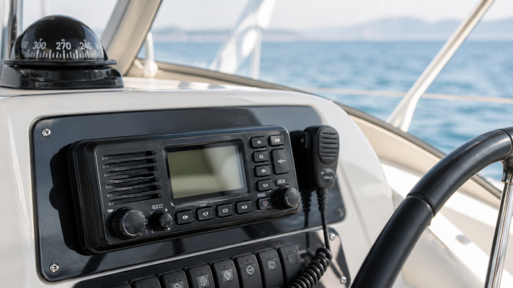 VHF GMDSS radio in kompas na čolnu — komunikacijska oprema, ki zahteva ločen izpit poleg voditelja čolna